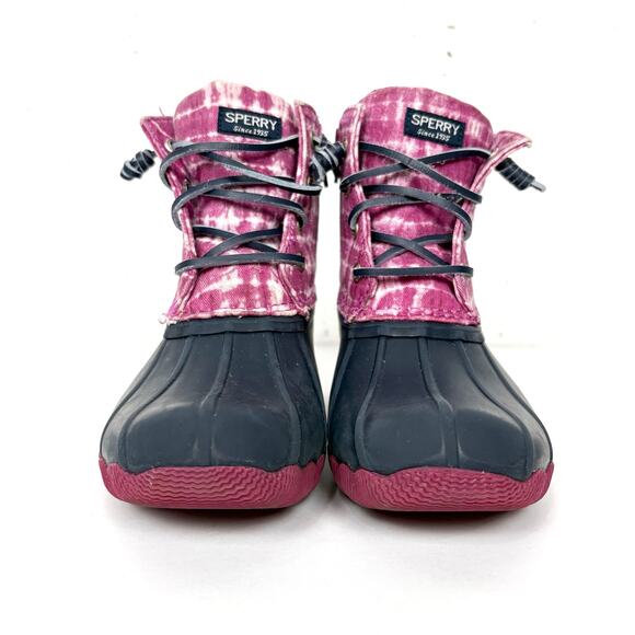Sperry Saltwater Kids Duck Boots Lace Up & Zip Closure Tie Dye Pink Size 1 - Picture 2 of 11